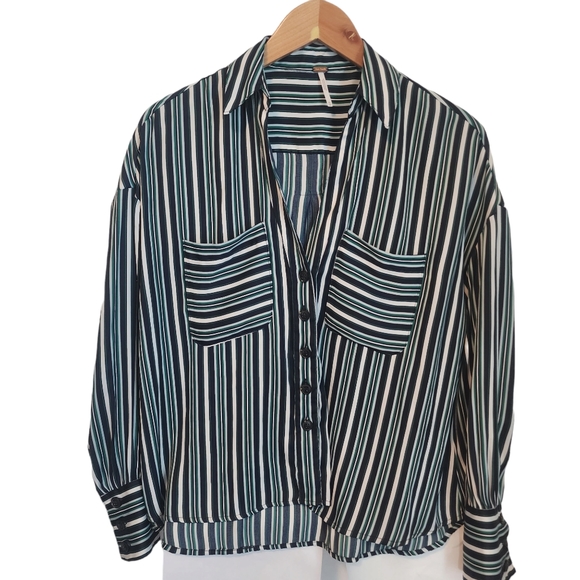 EUC Free People Blue Green Stripe Oversized Mad About You Button Down Shirt - Picture 12 of 15